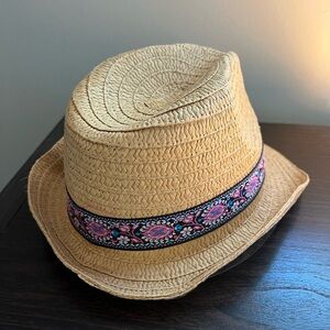 Tan Straw Fedora with Pink Patterned Band